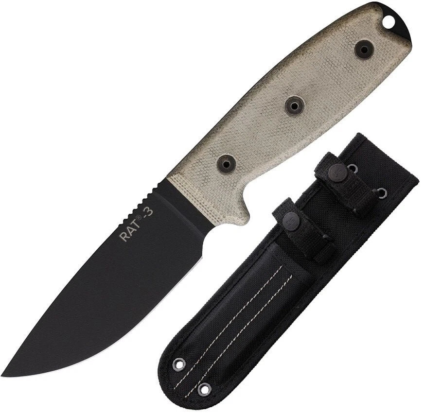 Ontario RAT 3 Fixed Knife 3.75 Black 1075HC Steel Full Tang Blade Micarta Handle