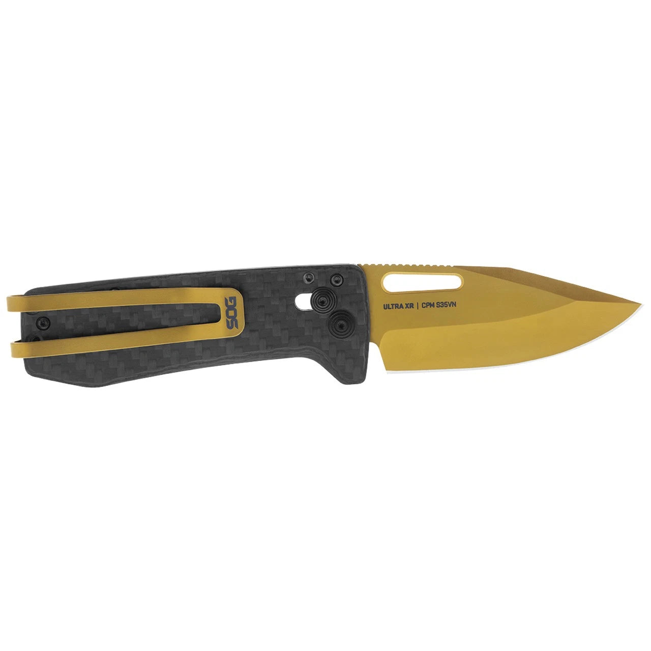 SOG Knives Ultra XR Black Carbon Fiber and Gold S35VN Stainless 12-63-02-57