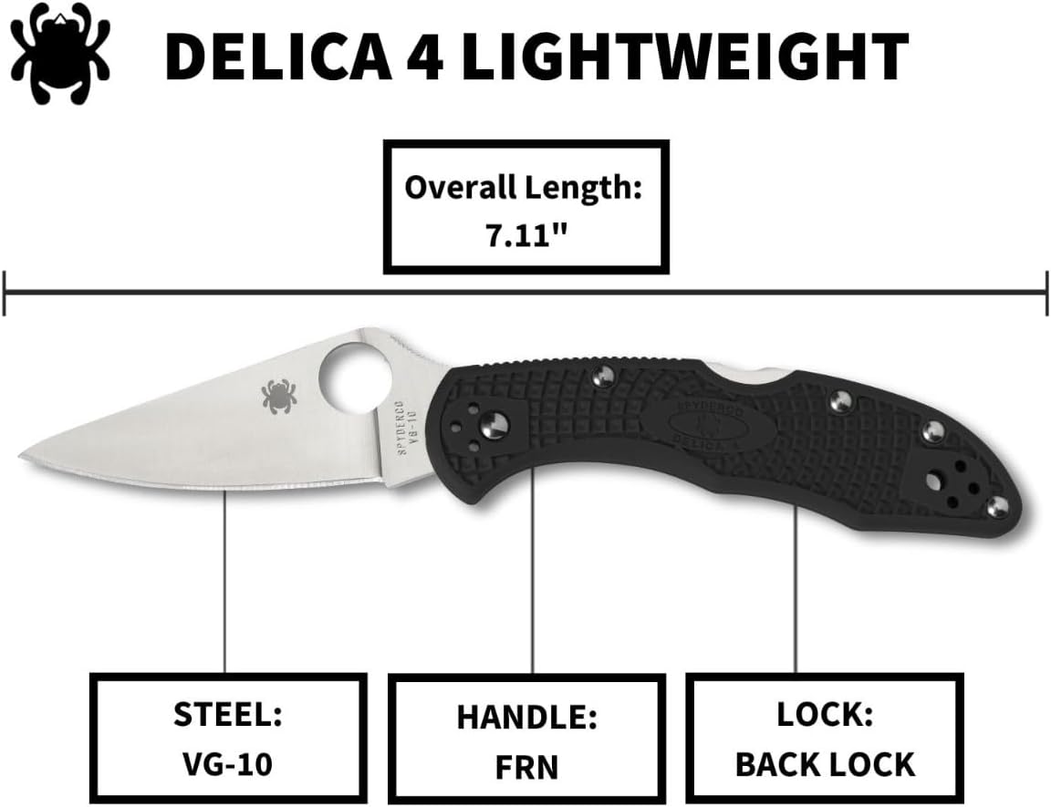 Spyderco Delica 4 Folding Knife: Lightweight, 2.9" Steel Blade, High-Strength FRN Handle, PlainEdge Grind, 7.15" Overall Length.