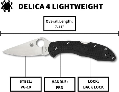 Spyderco Delica 4 Folding Knife: Lightweight, 2.9" Steel Blade, High-Strength FRN Handle, PlainEdge Grind, 7.15" Overall Length.