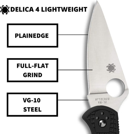 Spyderco Delica 4 Folding Knife: Lightweight, 2.9" Steel Blade, High-Strength FRN Handle, PlainEdge Grind, 7.15" Overall Length.