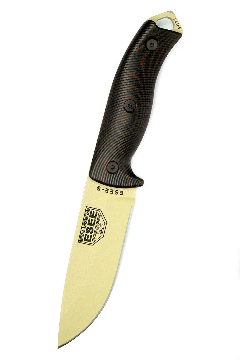 ESEE 5PDT-004 Fixed Blade Knife: Desert Tan, 1095 Carbon Steel, Black G10 Handle.