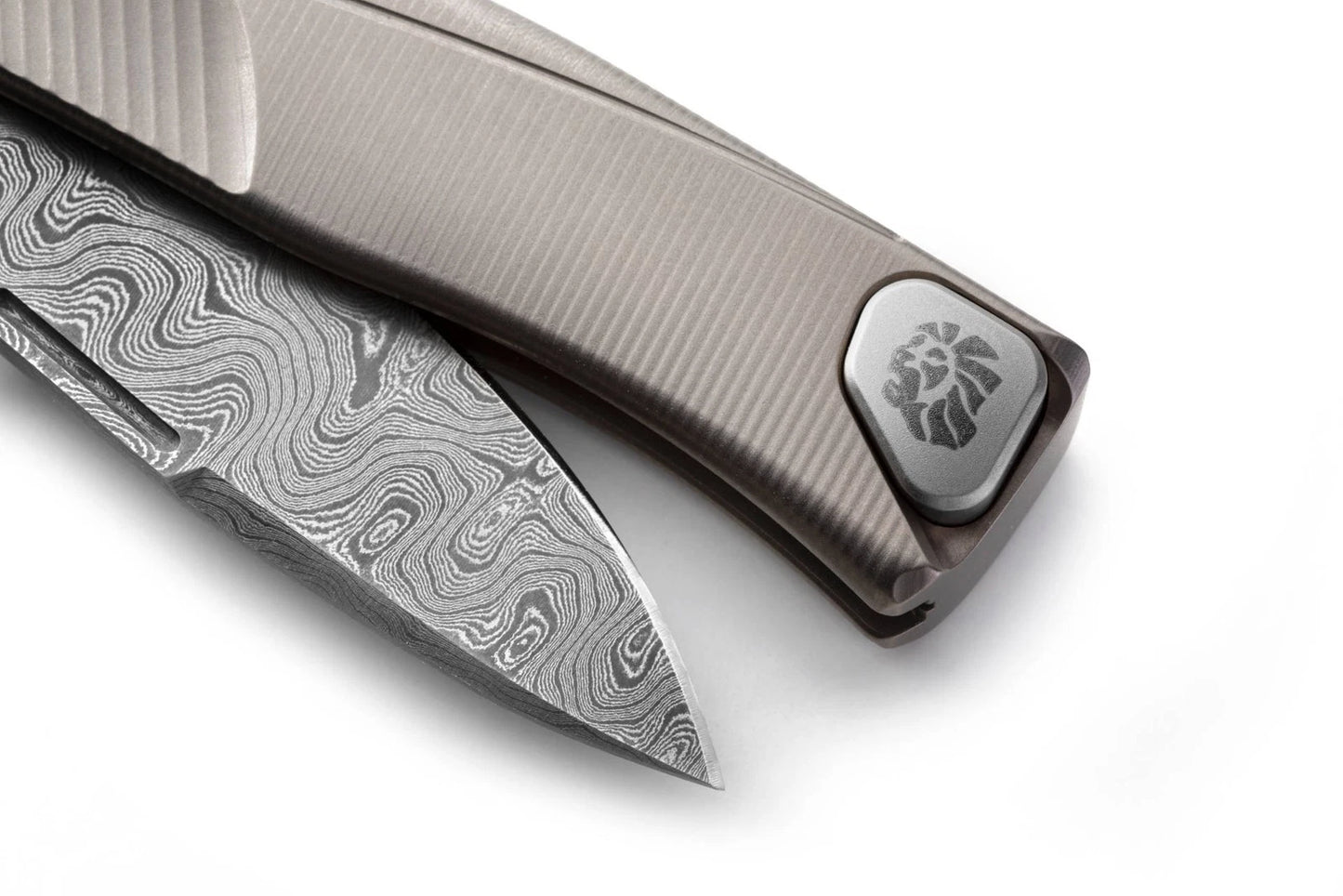LionSteel Thrill Slipjoint Knife - TL-D, Damascus Blade, Grey Titanium Handle.