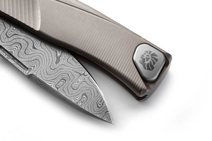 LionSteel Thrill Slipjoint Knife - TL-D, Damascus Blade, Grey Titanium Handle.