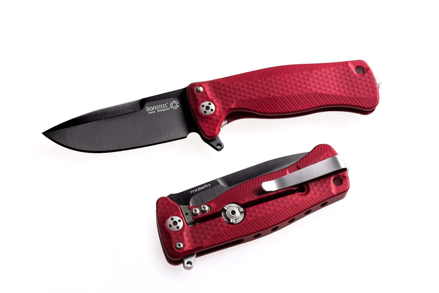 LionSteel SR22 Frame Lock Knife: Sleipner Steel, Blackened RB, Red Aluminum Handle