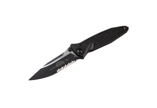 Microtech SOCOM Elite Tactical Pocket Knife, Black Aluminum Handle with M390 Steel Blade.