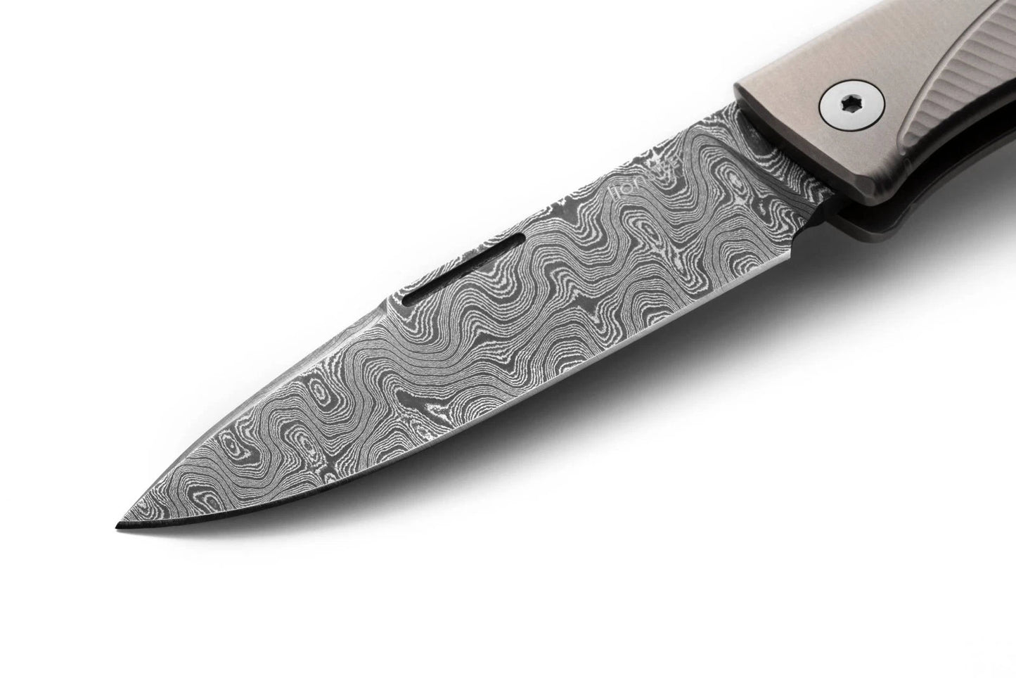 LionSteel Thrill Slipjoint Knife - TL-D, Damascus Blade, Grey Titanium Handle.