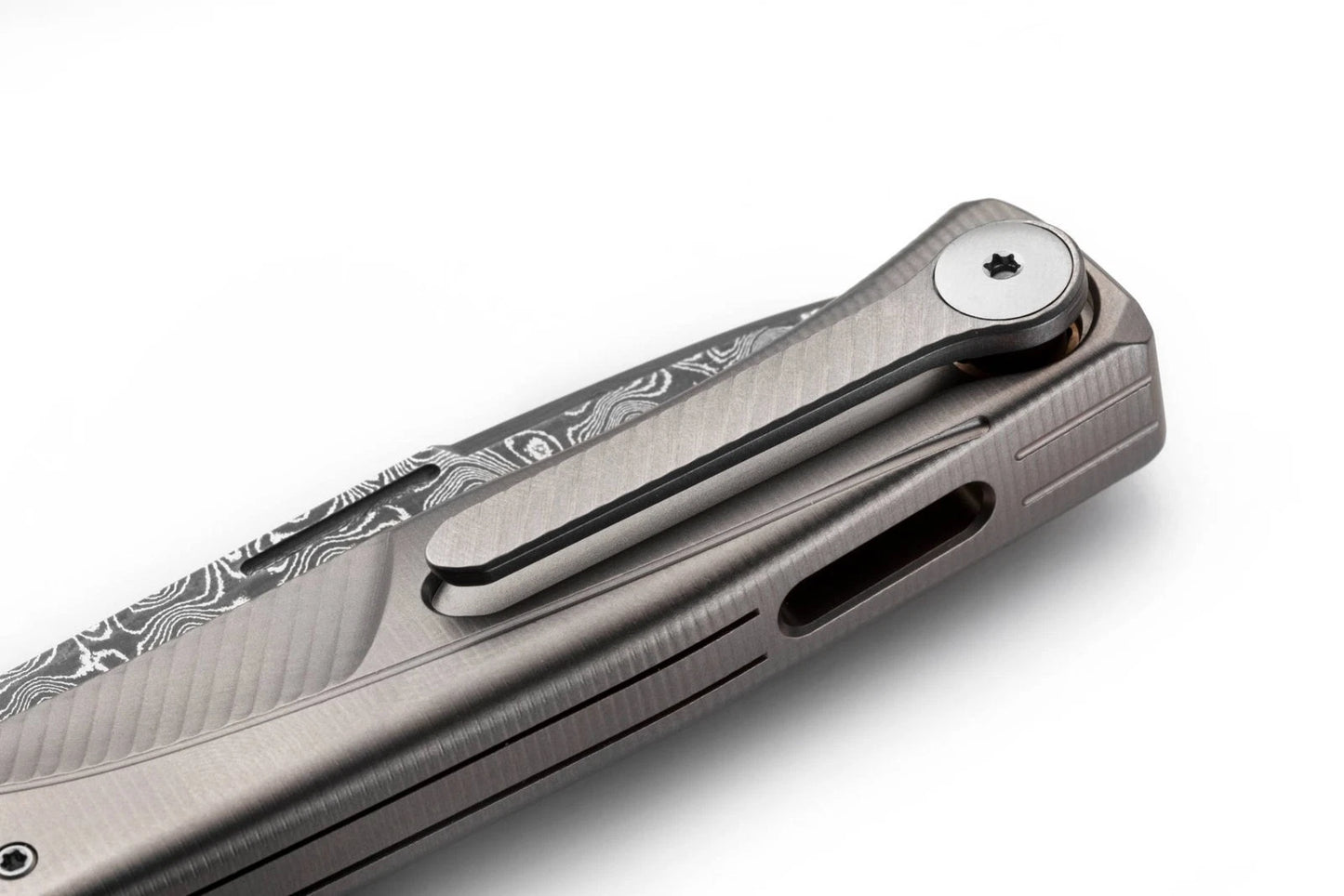 LionSteel Thrill Slipjoint Knife - TL-D, Damascus Blade, Grey Titanium Handle.