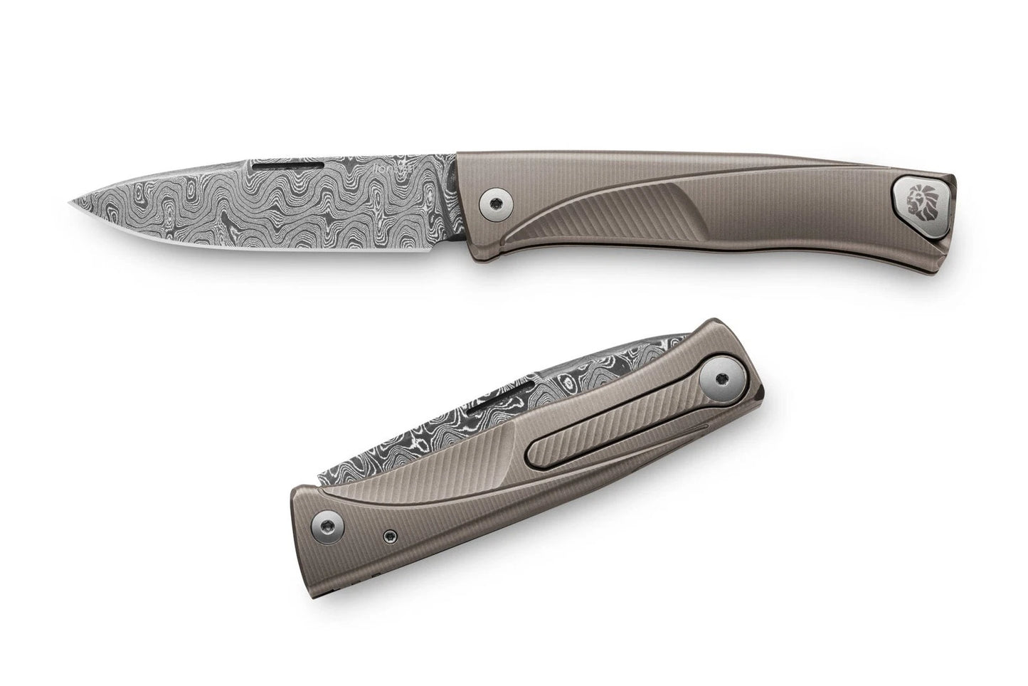 LionSteel Thrill Slipjoint Knife - TL-D, Damascus Blade, Grey Titanium Handle.