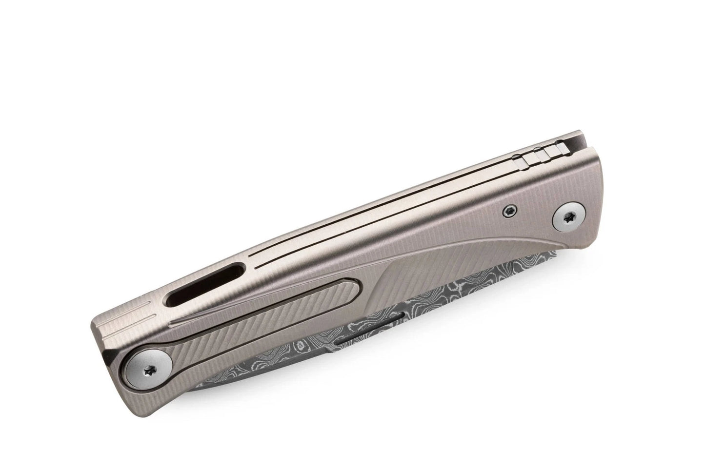 LionSteel Thrill Slipjoint Knife - TL-D, Damascus Blade, Grey Titanium Handle.
